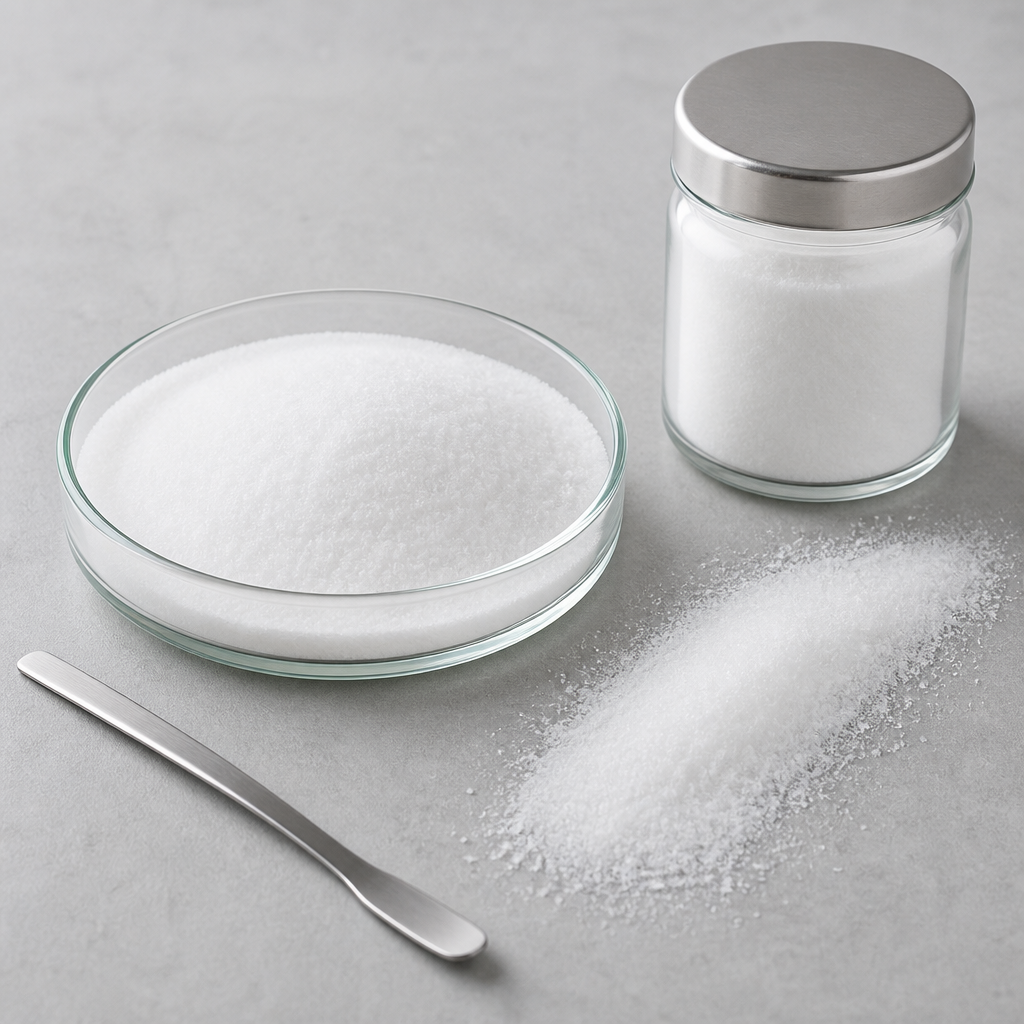 Fine white crystalline disodium succinate powder filling a clear glass dish with a smooth levelled surface beside a thin powder trail, a stainless steel spatula and a small glass jar with a plain metal lid