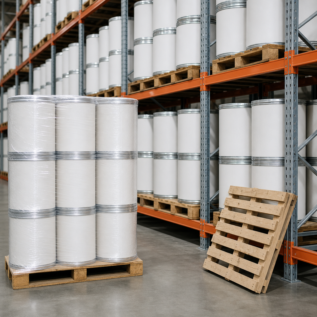 Steel racking filled with neatly stacked plain white fibre drums, one pallet of shrink-wrapped drums on the floor and an empty wooden pallet leaning against the racking