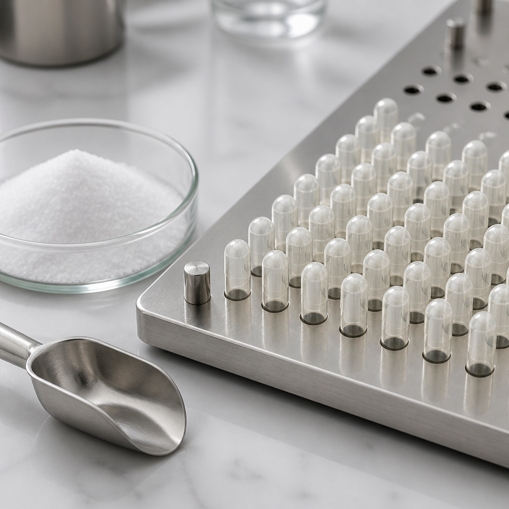 Stainless steel capsule filling plate holding rows of empty plain two-piece capsules beside a small glass dish of fine white crystalline powder and a stainless steel scoop