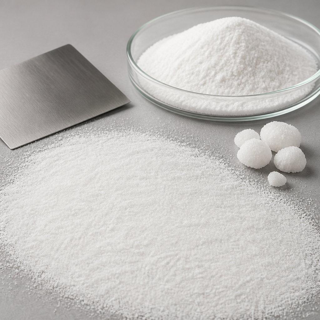 Thin even layer of fine white crystalline DL-alanine powder spread across a light grey surface with a stainless steel straight-edge card, a few soft rounded agglomerates and a clear glass dish of the powder