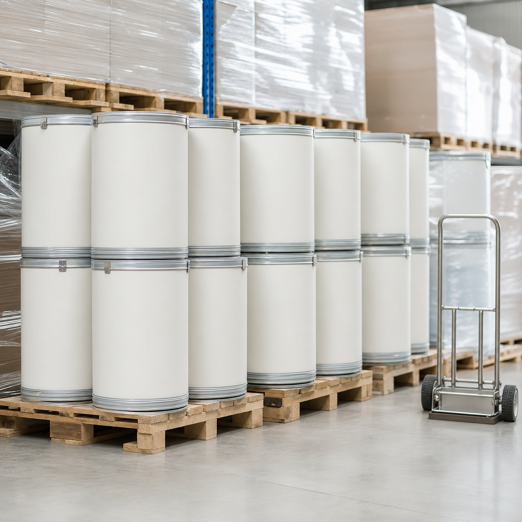 Neatly stacked plain white fibre drums on wooden pallets with shrink-wrapped pallets and a stainless steel hand truck in an ingredient warehouse