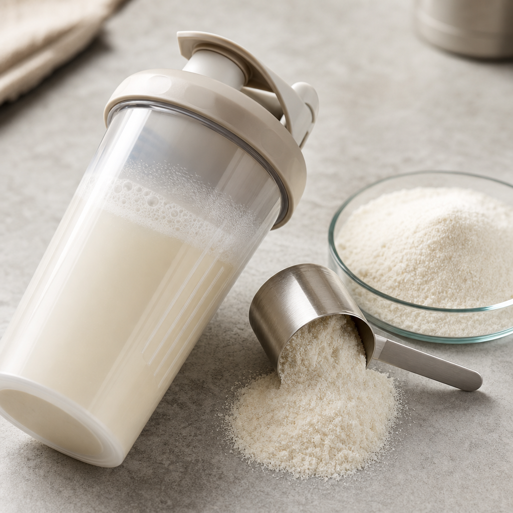 Clear shaker bottle of a protein-style drink lying at an angle with a tipped stainless steel scoop releasing a soft mound of fine white crystalline DL-methionine powder beside a wide glass dish of the same powder