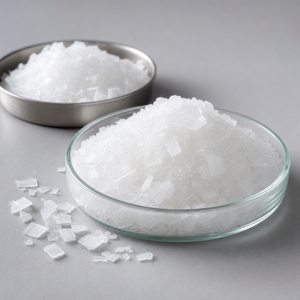 White DL-methionine crystals shown as a pile of small flat translucent plate-like crystals in a shallow glass dish with loose plate crystals scattered beside it and a low stainless steel dish of the same crystals