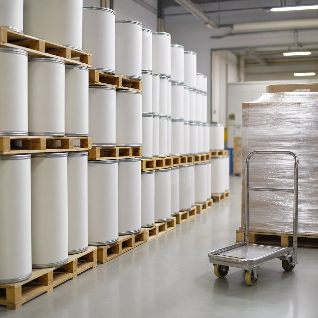 Ingredient warehouse aisle with neatly stacked white fibre drums on wooden pallets, a shrink-wrapped pallet and a stainless steel hand truck