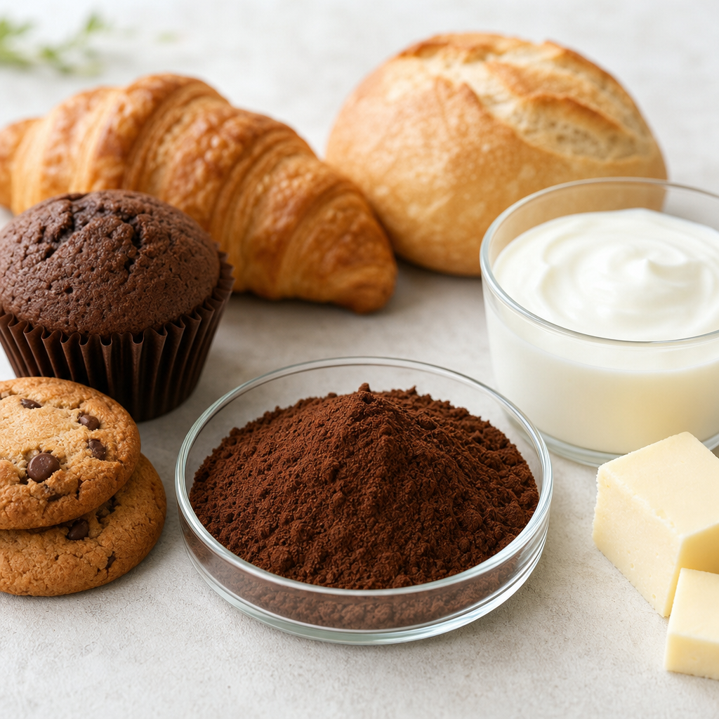 Fine dark-brown powder in a small glass dish beside baked goods and a dairy-style product on a light neutral surface