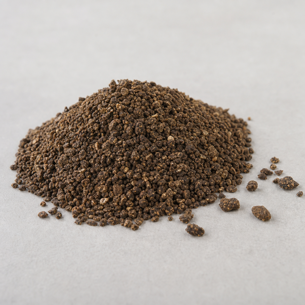 Dried dark-brown coarse granular meal of a dried invertebrate protein raw material, matte and slightly irregular, heaped on a neutral surface