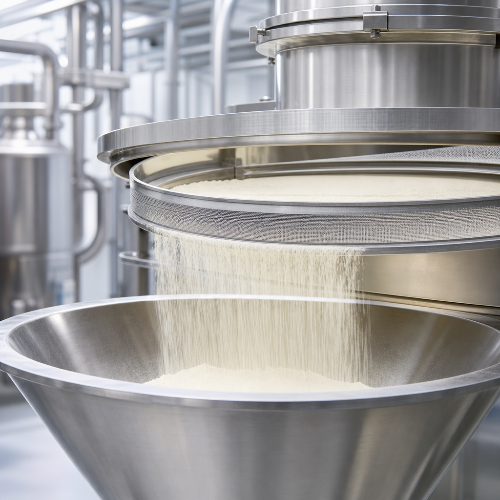 Fine off-white egg white albumin powder passing across a stainless steel rotary sifting screen and falling into a conical stainless steel hopper in a processing plant