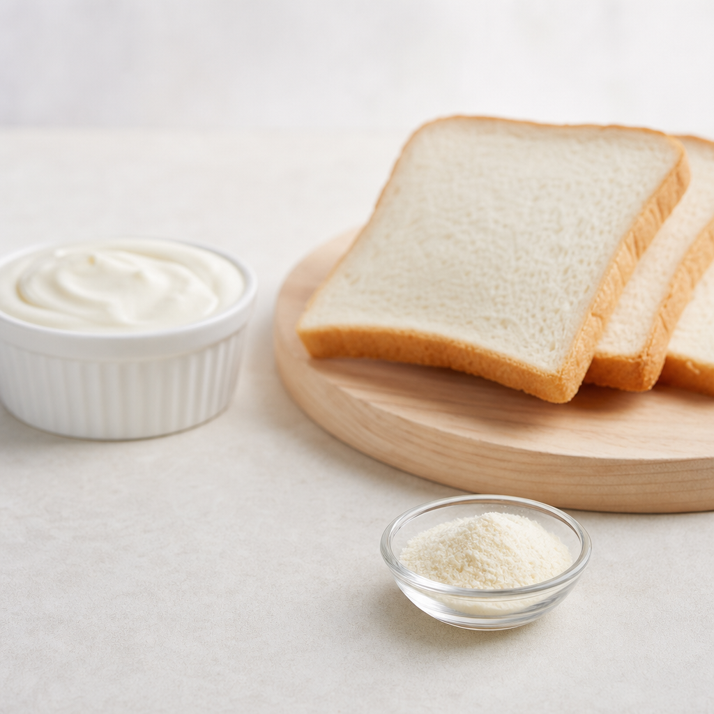 Sliced white bread on a pale wooden board and a ramekin of cream-style dairy dessert beside a small glass dish of fine cream albumin powder