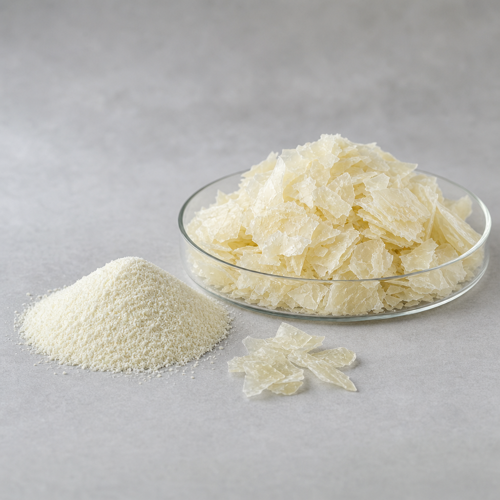 Dried egg white albumin material shown as pale cream brittle flakes in a shallow glass dish beside a small heap of the same material milled to a fine off-white cream powder