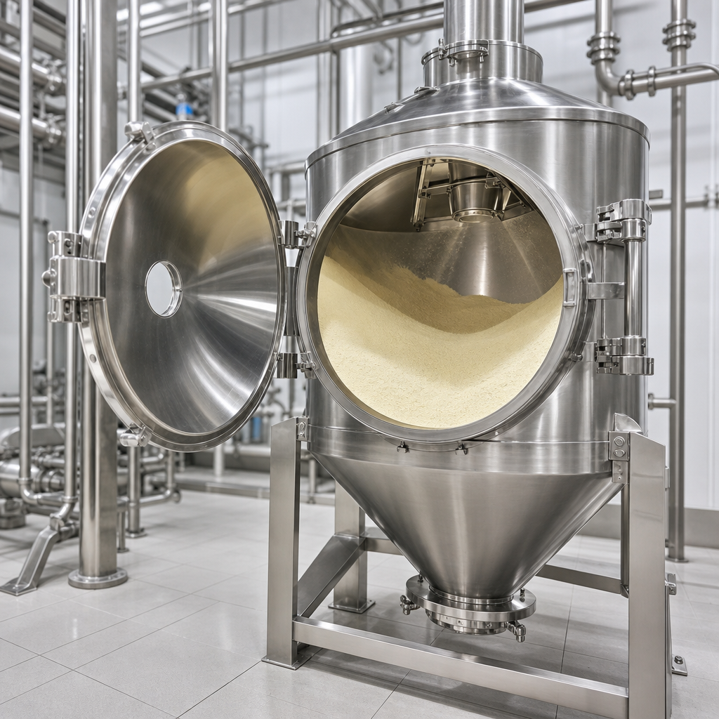 A spotless stainless steel conical blending vessel with its inspection hatch swung open revealing fine off-white to light-yellow eggshell membrane powder inside, with stainless pipework behind