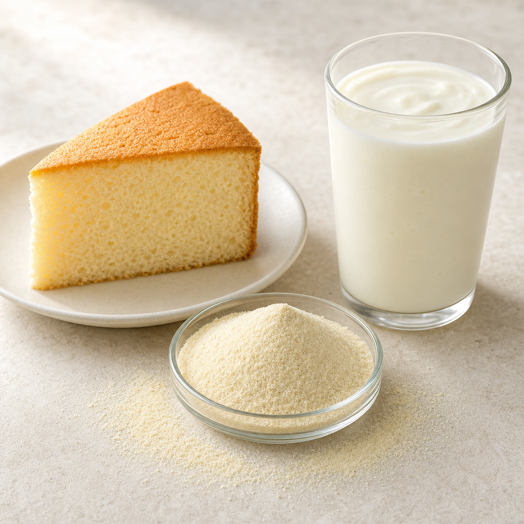 A slice of plain sponge cake and a glass of a pale dairy-style drink beside a glass dish of fine off-white to light-yellow powder on a light neutral surface