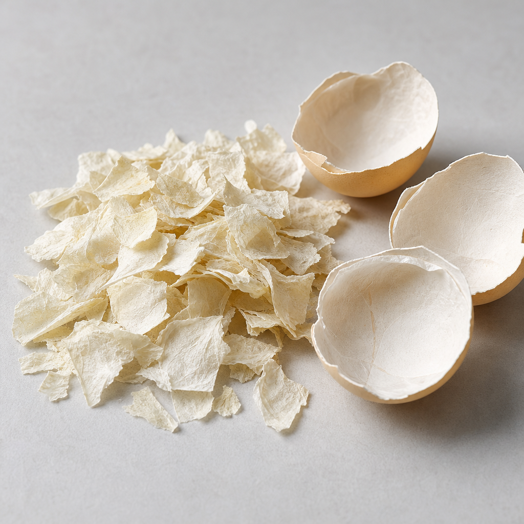 Thin dry pale cream eggshell membrane flakes beside clean broken eggshell pieces showing the layered inner membrane surface on a neutral light-grey surface