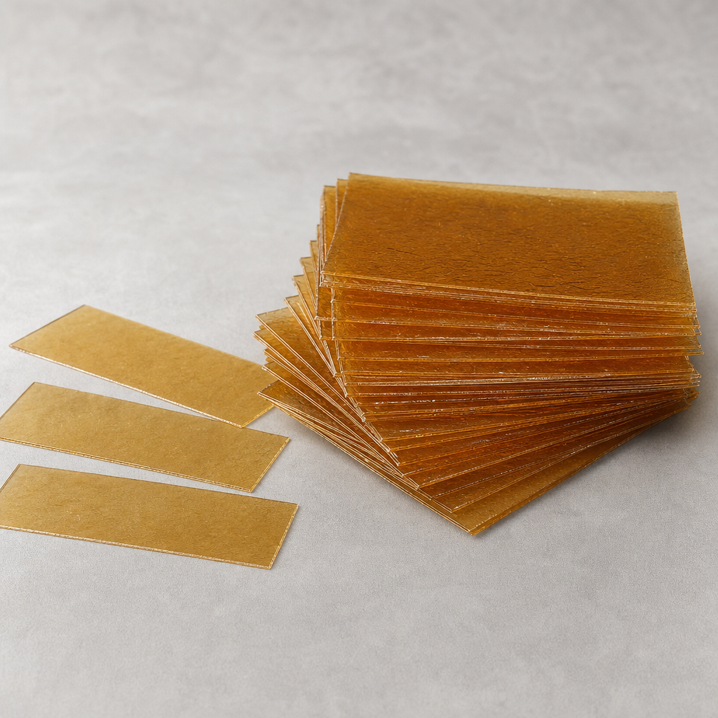 Refined dried donkey-hide gelatin in thin amber drying sheets