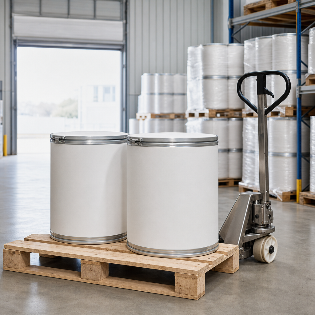 Two white 25 kg fibre drums on a wooden pallet in an ingredient warehouse loading bay with a stainless steel pallet jack