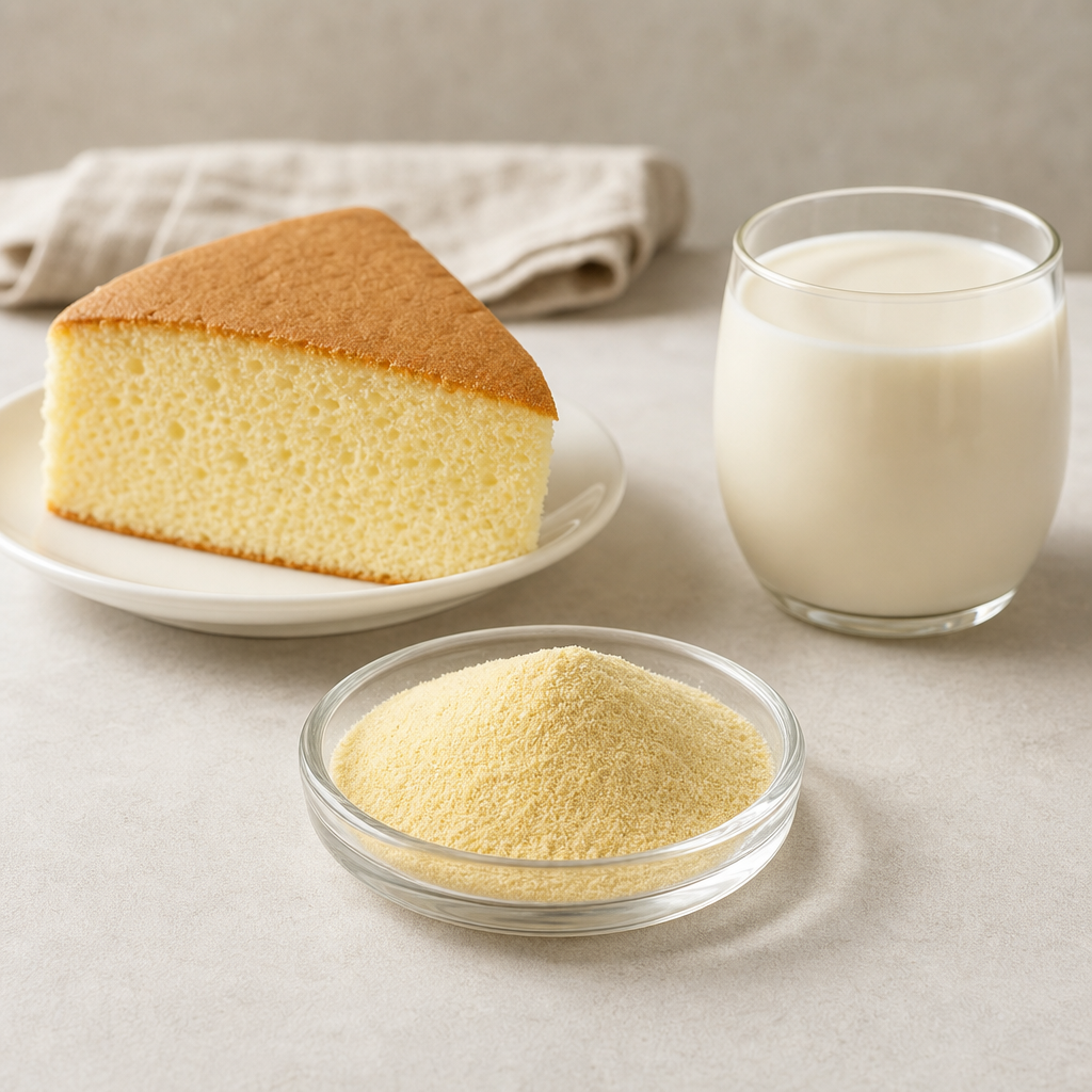 Fine light-yellow ejiao peptide powder in a small glass dish beside a slice of sponge cake and a glass of milk-style beverage