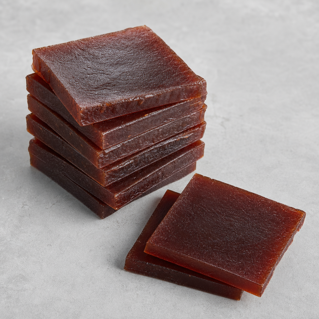 Stack of dried dark reddish-brown gelatin blocks with a dense smooth surface beside loose dried slabs