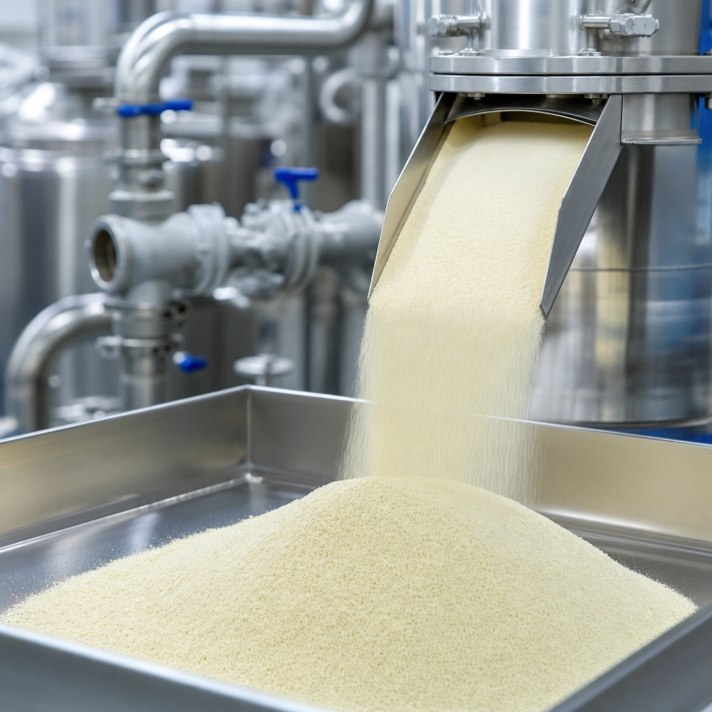 Fine off-white to light-yellow elastin peptide powder flowing from a stainless steel chute into a wide stainless steel receiving tray in an ingredient processing plant