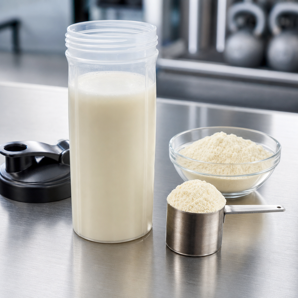 Clear shaker bottle of a protein-style drink with a stainless steel scoop of off-white elastin peptide powder and a glass dish of the same powder on a brushed steel sports nutrition bench