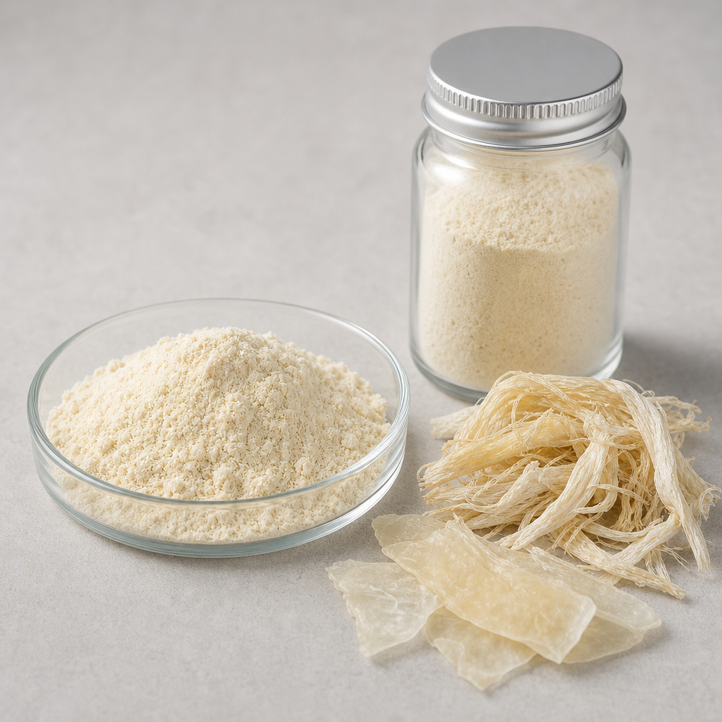 Dried bovine ligament elastin material shown as a fine off-white to light-yellow powder in a shallow glass dish beside pale dried fibrous strands, thin translucent dried flakes and a sealed glass jar of the same powder