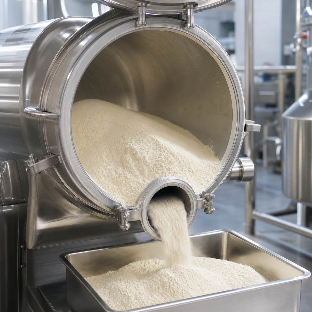 Stainless steel blending vessel discharging fine off-white to cream fish bone collagen peptide powder
