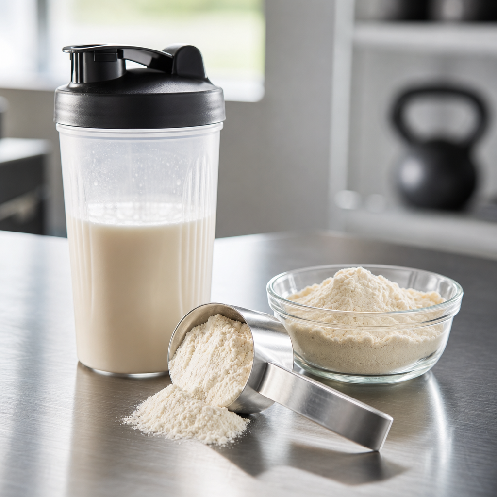 Off-white fish bone collagen peptide powder scooped beside a sports nutrition shaker bottle