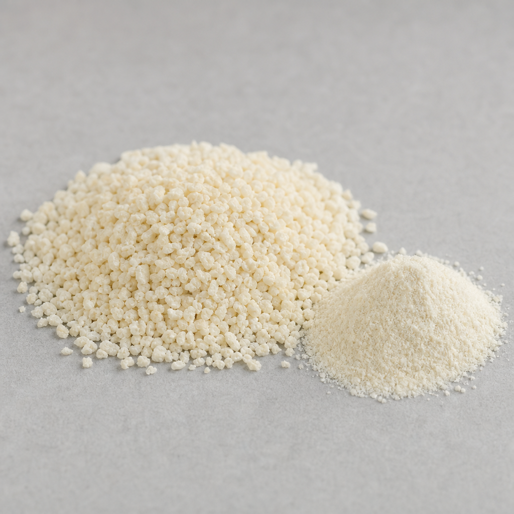 Coarse off-white to cream dried collagen granules beside a finer heap of the same powder