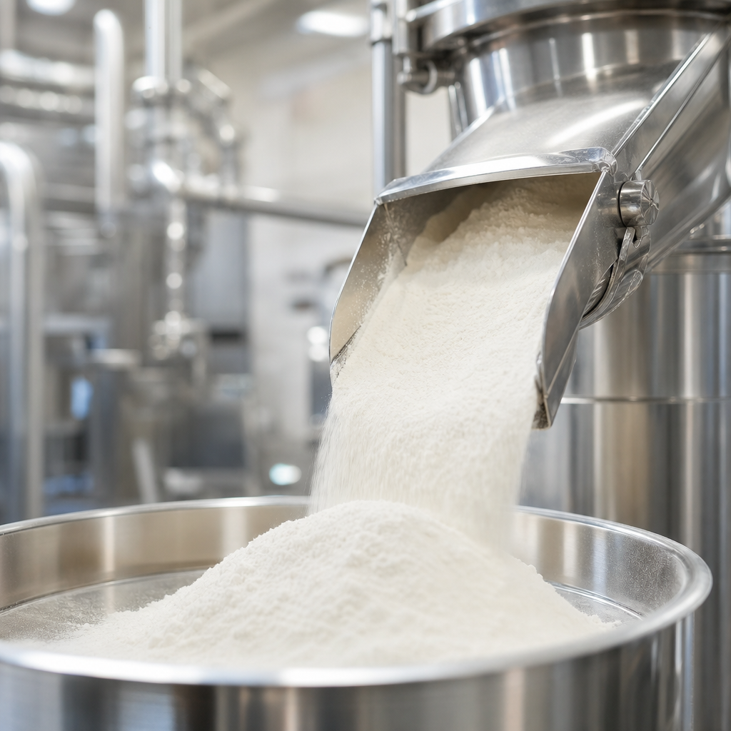Stainless steel processing equipment discharging fine white fish collagen peptide powder