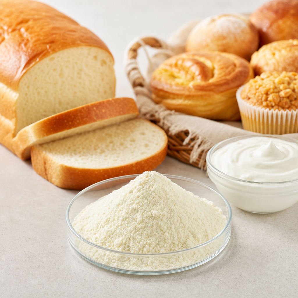 White fish collagen peptide powder beside baked goods and a dairy-style product