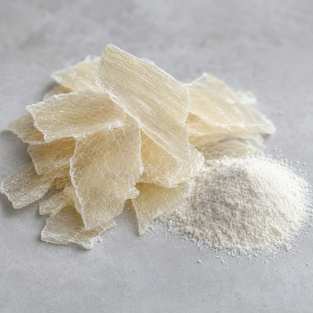 Dried translucent off-white collagen sheets broken into flakes beside a heap of white peptide powder