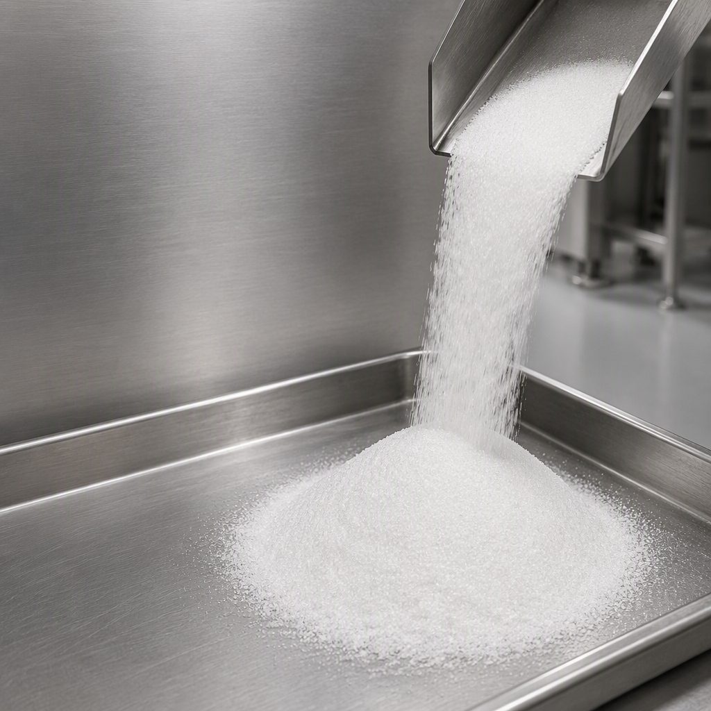 Geniposide powder flowing onto a stainless steel tray on a processing line