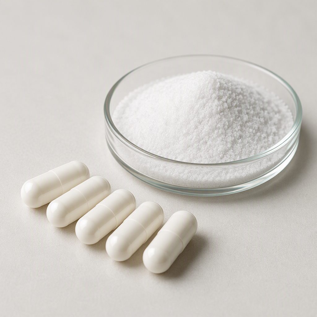 Geniposide powder beside unbranded two-piece hard capsules