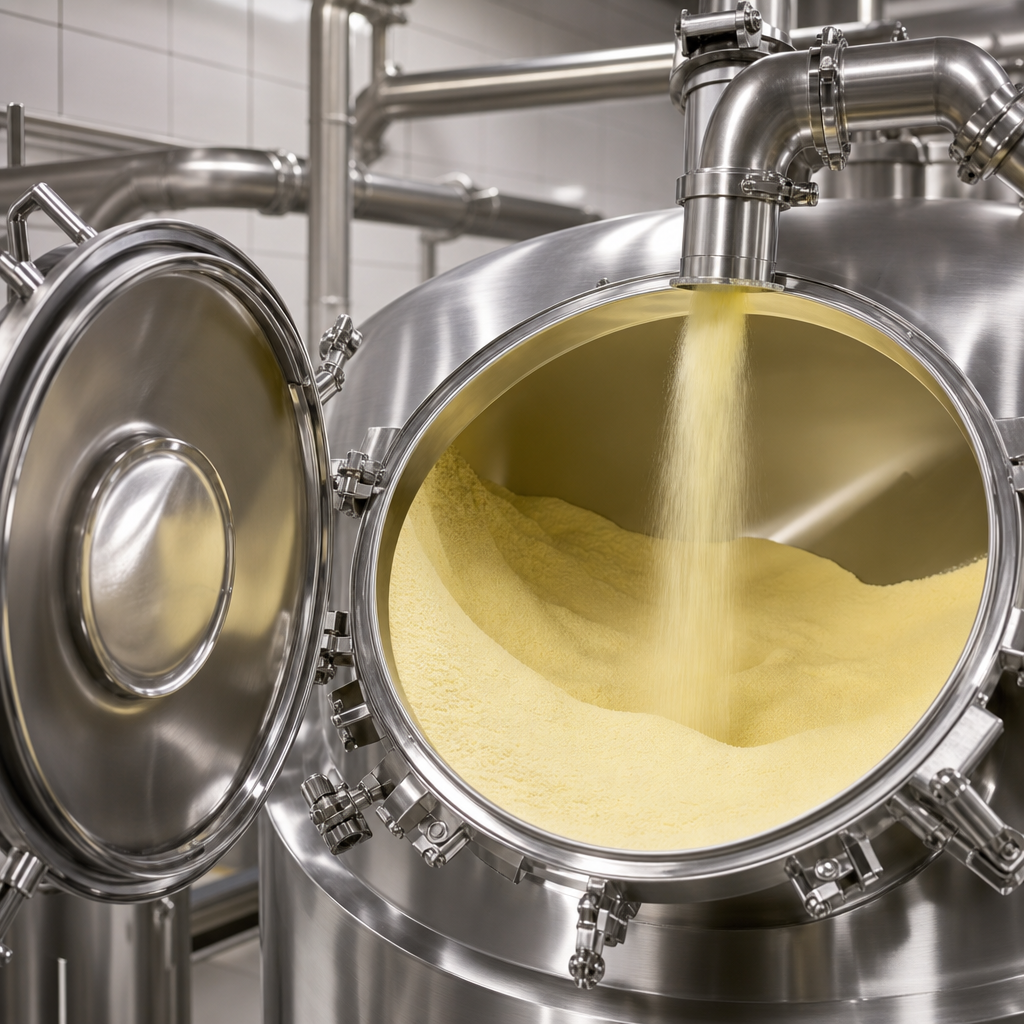 A polished stainless steel blending vessel with its inspection hatch open revealing fine light-yellow powder inside while more powder enters from a stainless steel transfer pipe in a hygienic processing plant