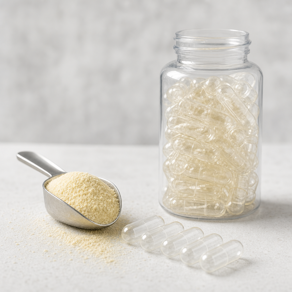 A clear bottle filled with two-piece capsules beside a stainless steel scoop of fine light-yellow powder and a row of empty capsules on a clean light worktop