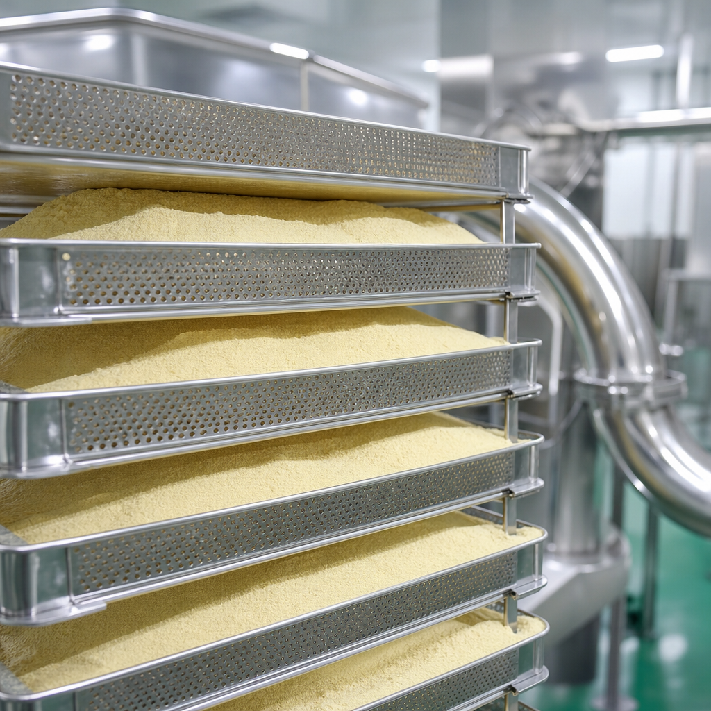 Stacked perforated stainless steel drying trays holding fine light-yellow ginseng peptide powder in a hygienic processing room with a stainless steel transfer pipe behind