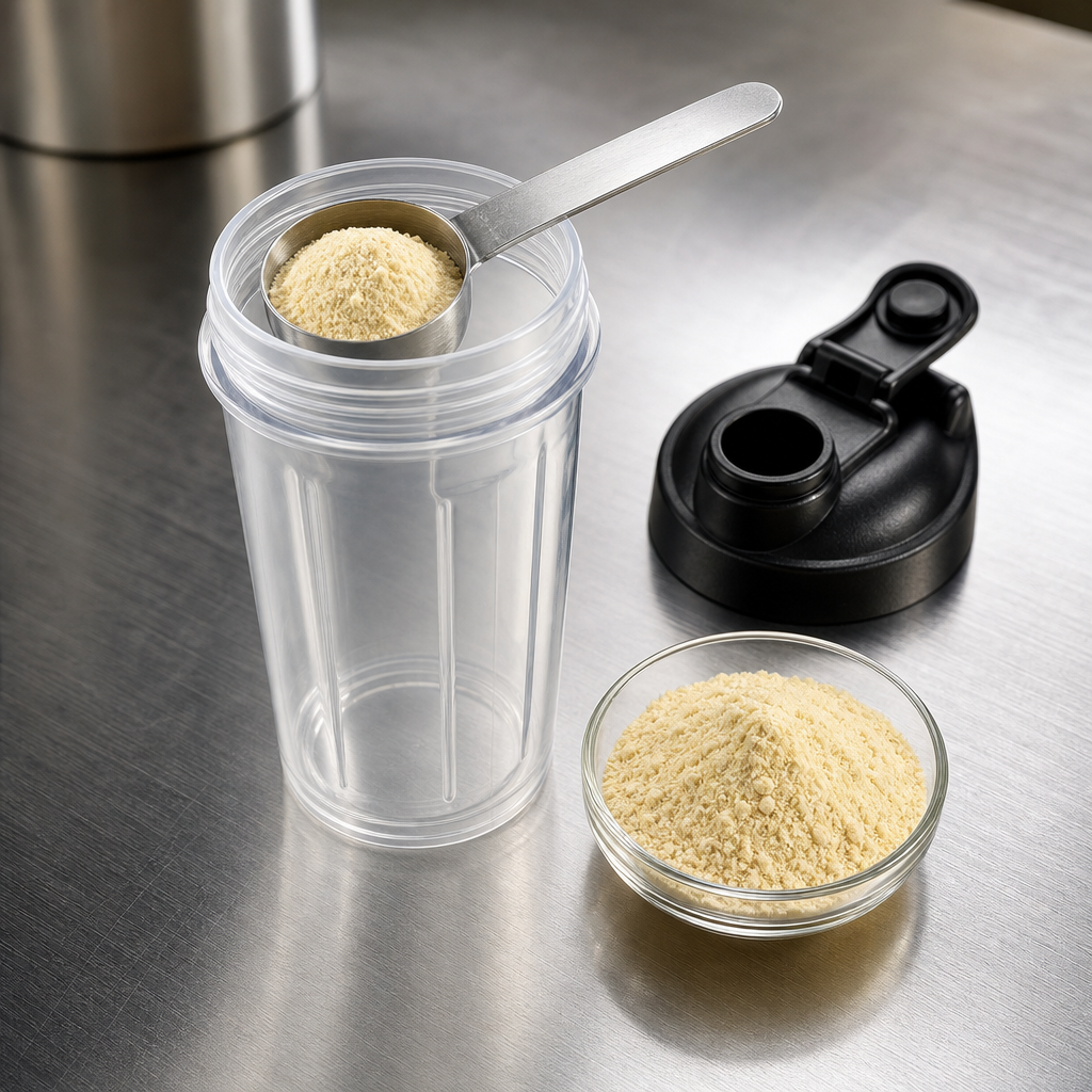 An open clear shaker bottle with a stainless steel scoop of fine light-yellow ginseng peptide powder resting on its rim and a small glass dish of the powder beside it on a brushed steel worktop