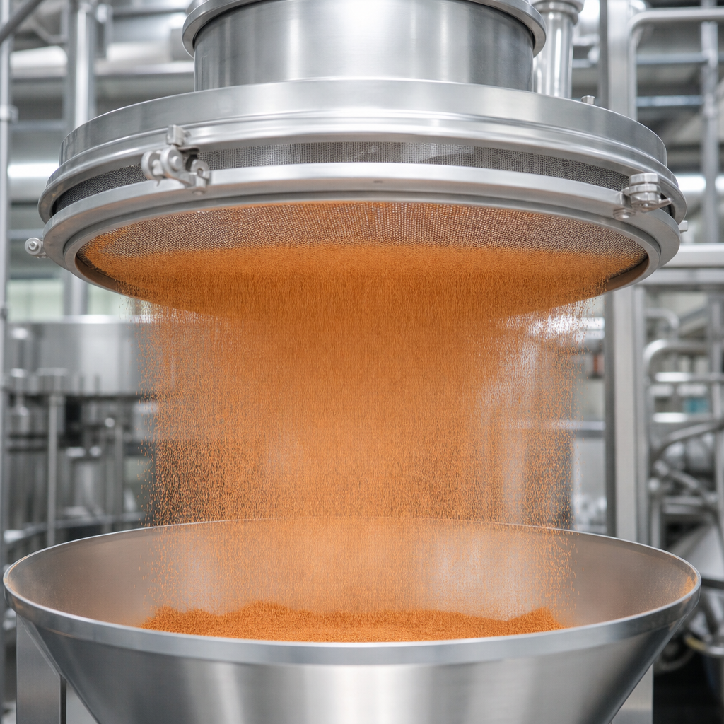 Fine orange-brown goji peptide powder falling as a soft even curtain through a stainless mesh screen into a stainless steel receiving bin in a hygienic processing plant