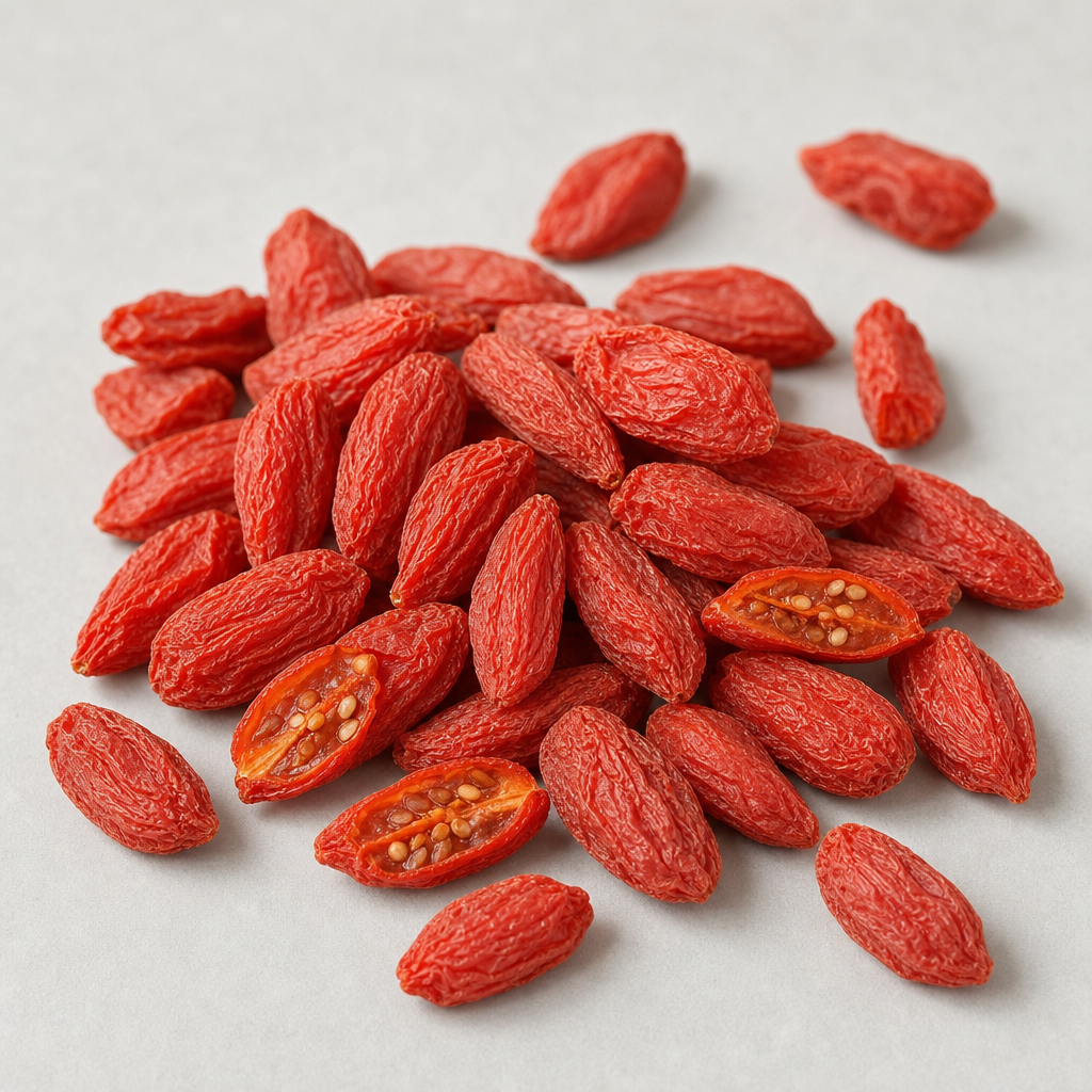 Dried goji berries (Lycium barbarum), small oblong orange-red berries with slightly wrinkled matte skins, in a neat scattered pile with a few halved to show their natural structure on a neutral light-grey surface