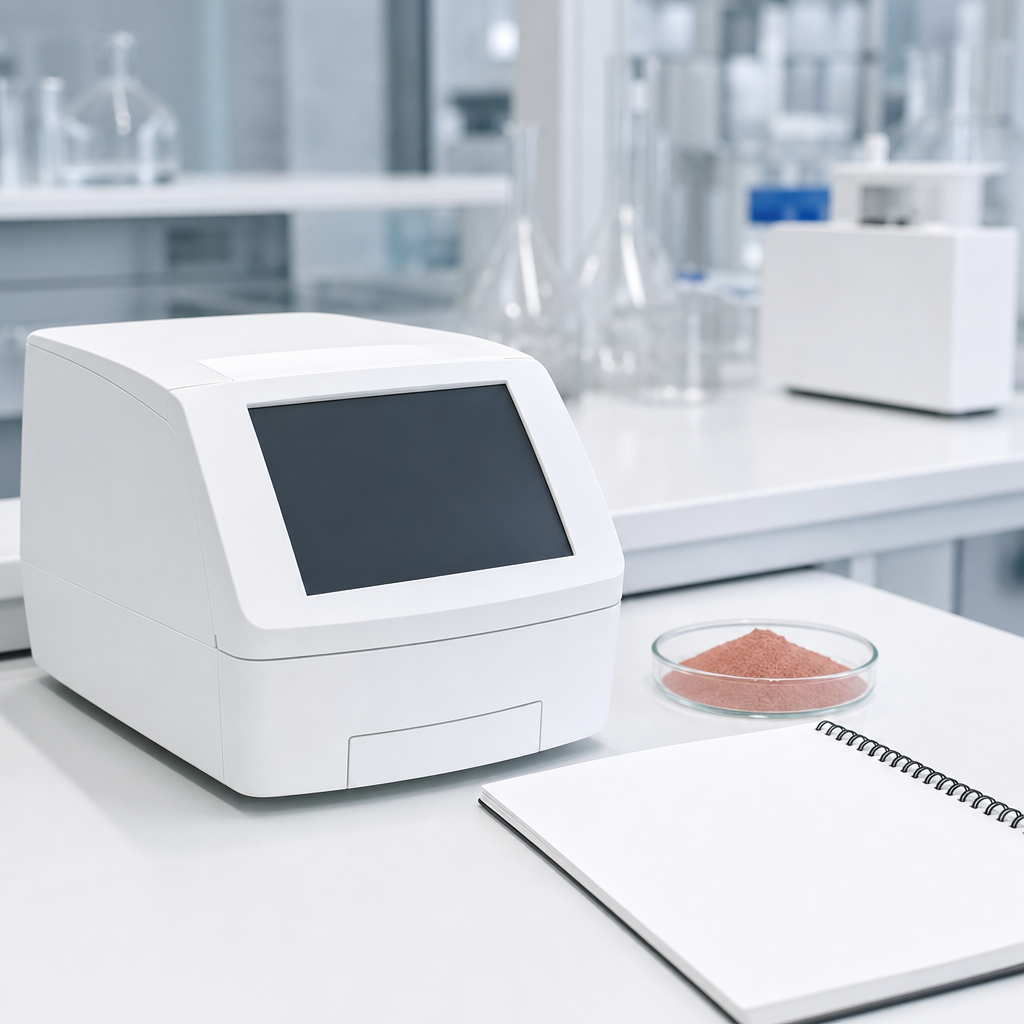 Benchtop analytical instrument with a blank white housing and an unlit dark display beside a glass dish of fine light-red to tan powder and a laboratory notebook with blank pages on a white bench in a quality-control laboratory