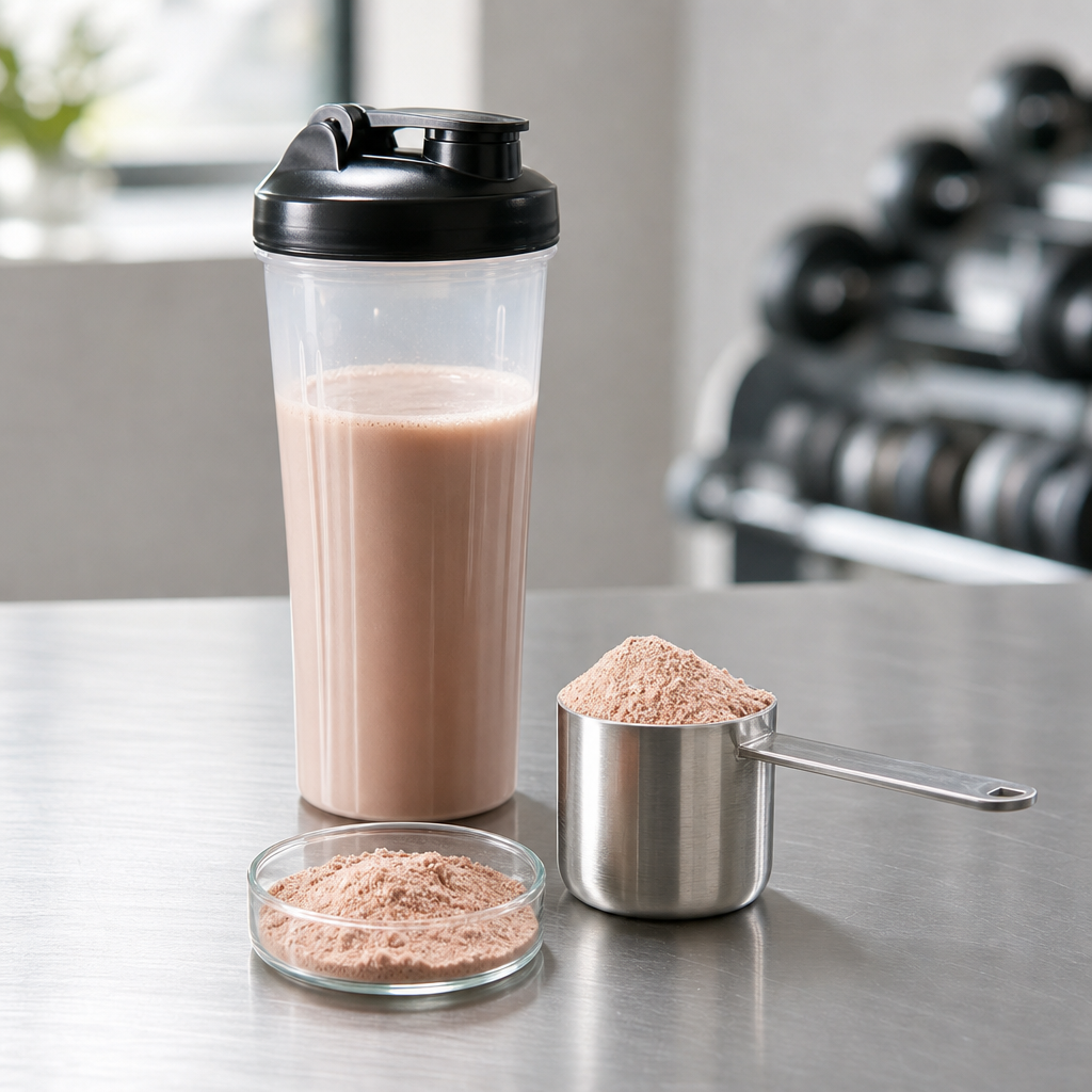 A clear shaker bottle of a protein-style drink beside a stainless steel scoop of fine light-red to tan powder and a small glass dish of the powder on a brushed steel worktop