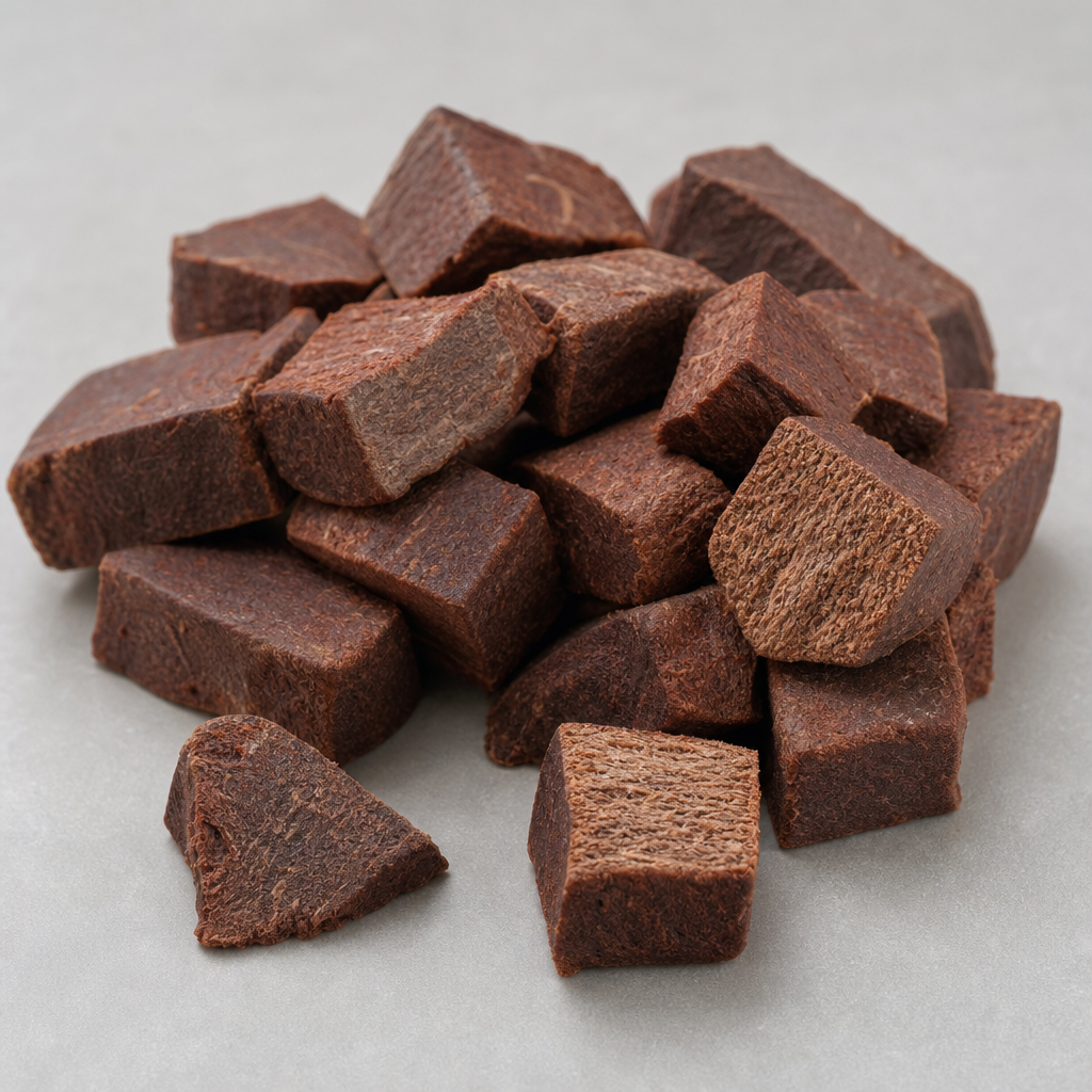 Dried deep reddish-brown chunks of a dried protein raw material with a dense fine fibrous grain and matte dry cut faces, heaped on a neutral light-grey surface
