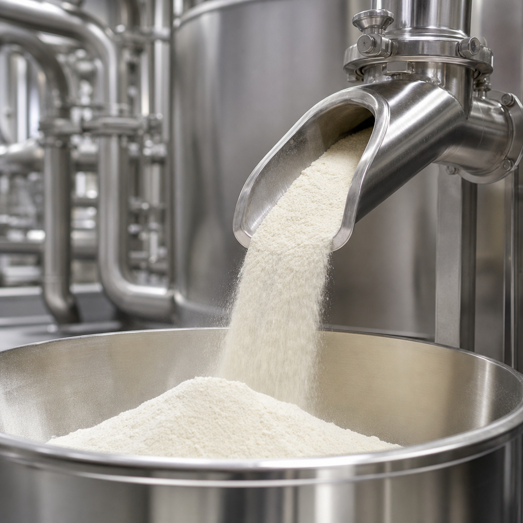 Fine off-white to cream hydrolysed type II collagen peptide powder flowing from a polished stainless steel collection chute into a stainless steel receiving vessel in a hygienic ingredient processing plant