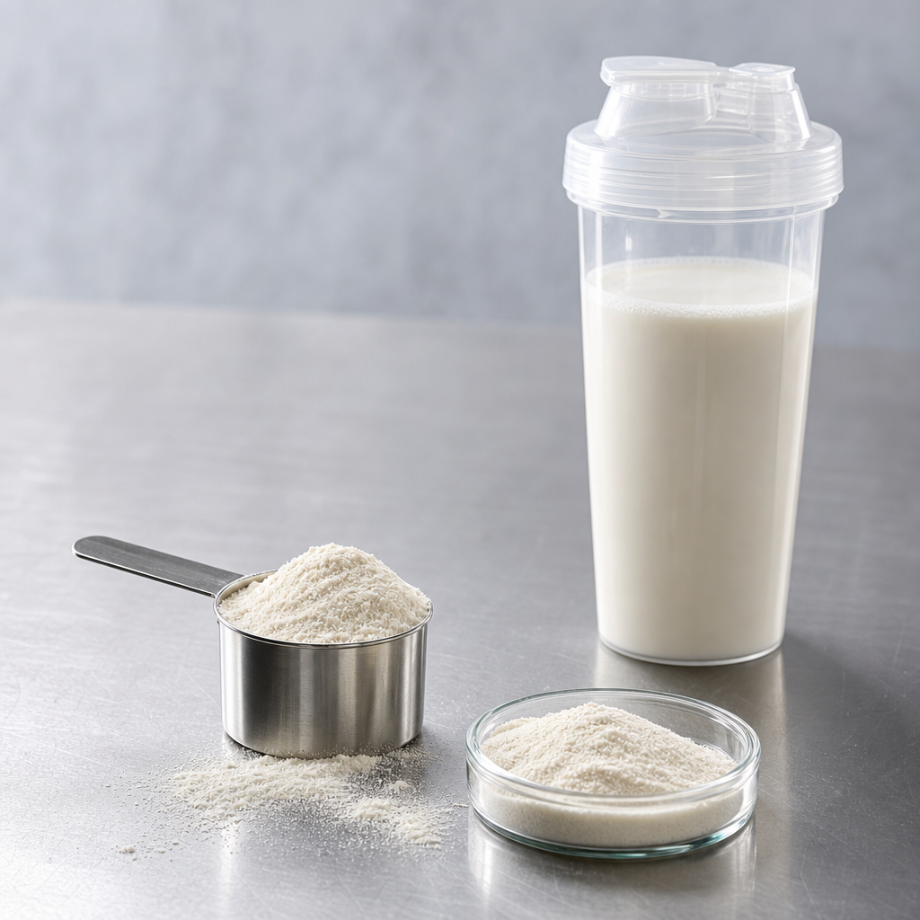 A clear shaker bottle of a creamy protein-style drink beside a stainless steel scoop of fine off-white to cream powder and a small glass dish of the powder on a brushed steel worktop