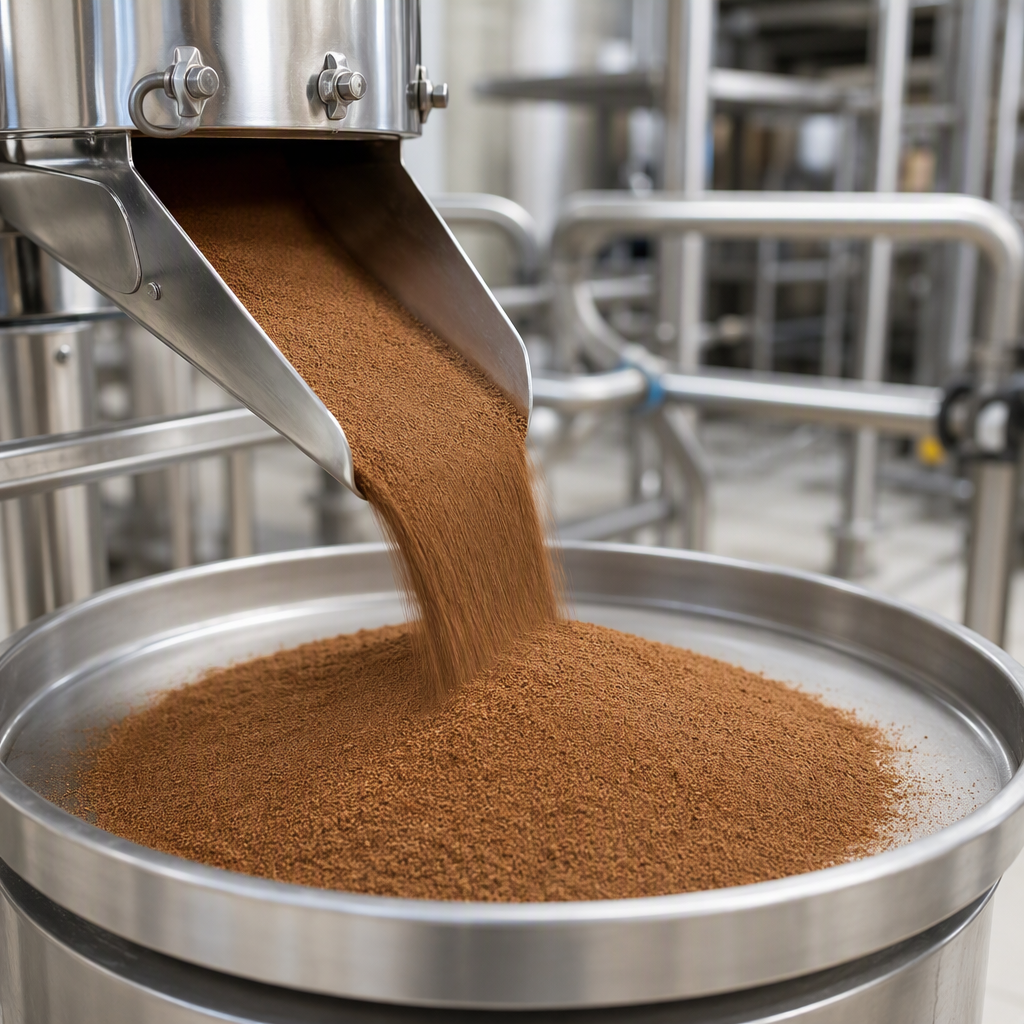 Fine brown jujube peptide powder flowing as a soft even stream from a stainless steel discharge chute onto a wide stainless steel collection tray in a hygienic processing plant