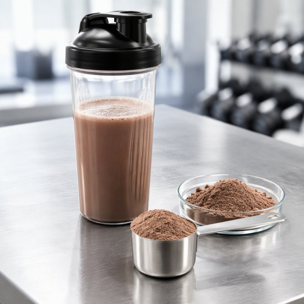 A clear shaker bottle of brown protein-style drink beside a stainless steel scoop of fine brown jujube peptide powder and a small glass dish of the powder on a brushed steel worktop