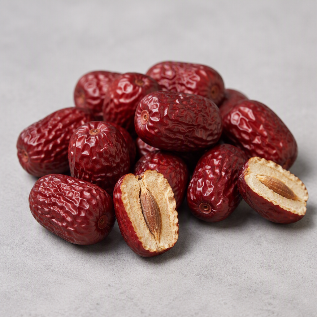 Whole dried jujube fruits (Ziziphus jujuba), small oval reddish-brown dates with glossy wrinkled skins, a few split open to show their pale tan dried flesh and single stone, in a neat pile on a neutral light-grey surface