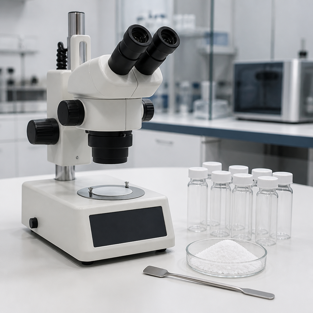 Analytical quality-control laboratory bench with a stereo microscope with a blank unlit panel, a glass dish of fine white crystalline powder beside a set of empty clear glass sample vials