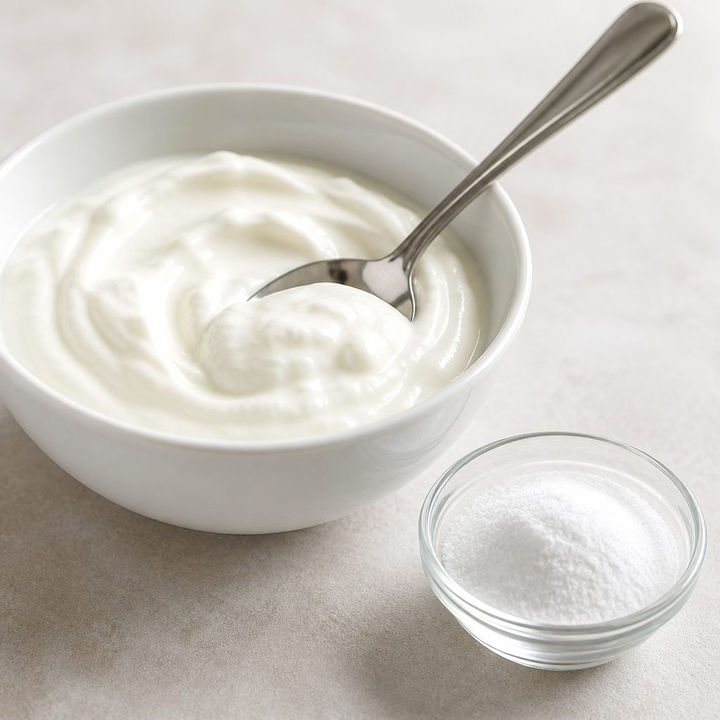 Shallow white bowl of thick plain cultured dairy-style product with a spoon beside a small glass dish of fine white crystalline powder