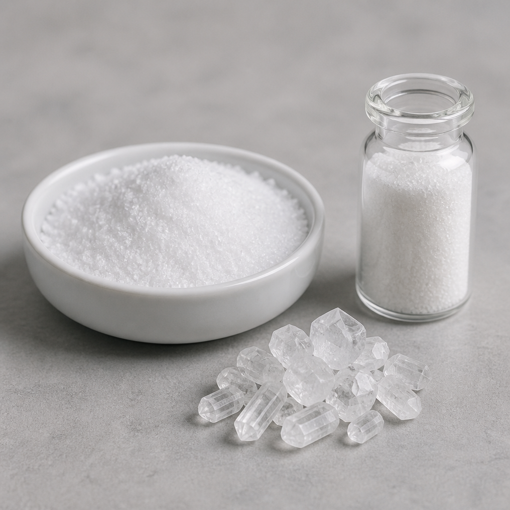 Fine white crystalline L-alanine powder filling a shallow white glazed porcelain dish beside a cluster of faceted translucent white crystals and a small glass vial of the same powder