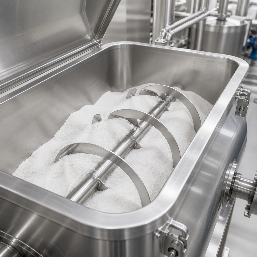 Open top hatch of a large stainless steel ribbon blender filled with fine white crystalline powder with the ribbon blade and shaft visible inside the vessel
