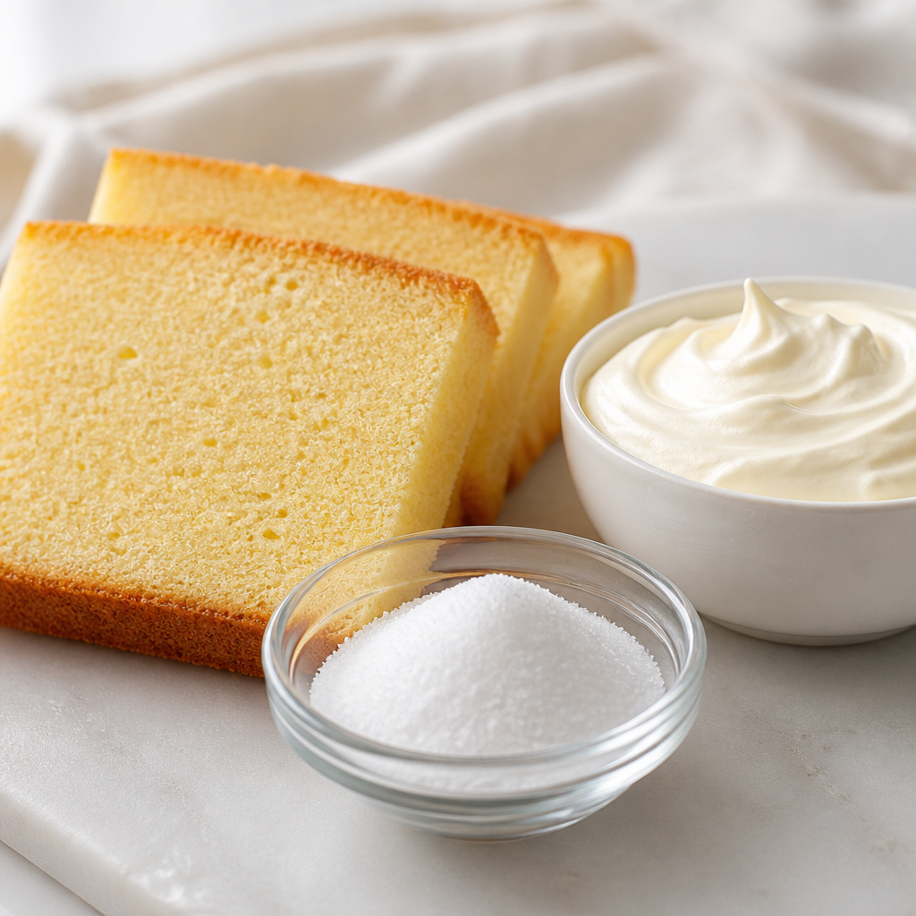 Slices of plain sponge cake and a small bowl of thick cream arranged beside a small glass dish of fine white crystalline powder on a light neutral surface